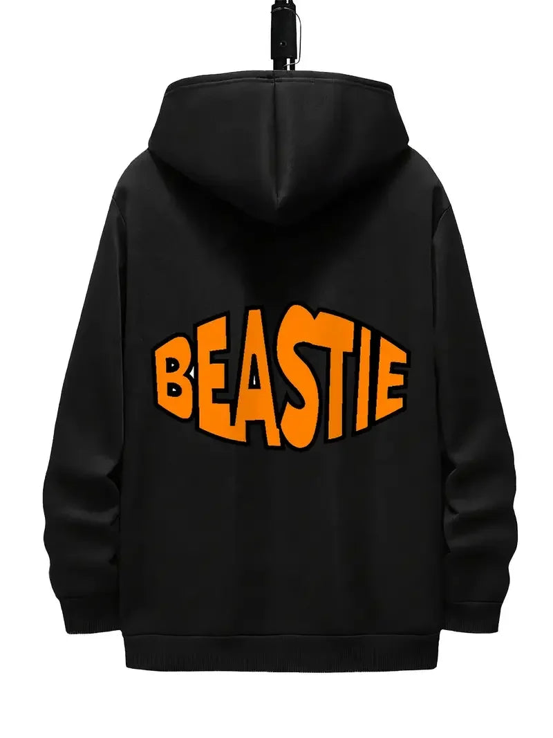 Men's Beastie Graphic Black Hoodie with Orange Print Streetwear