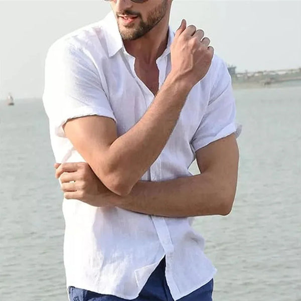 Men’s White Short Sleeve Shirt – Casual Slim Fit Button Down Beachwear Top