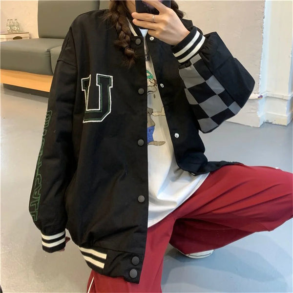 Womens Harajuku Patchwork Jacket Oversized Hoodie Anime Streetwear