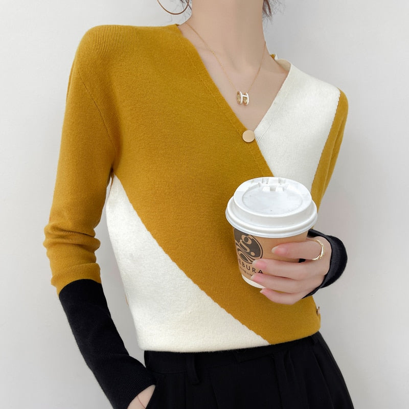 Women Cashmere Sweater Colorblock Casual Pullover Knitwear Fashion Sweater - xinnzy
