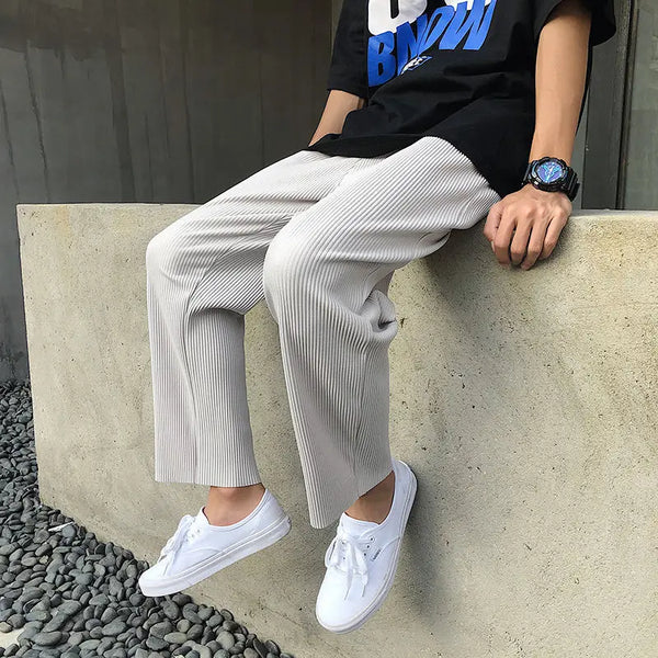Mens Pleated Wide Leg Pants Ice Silk Summer Straight Fit Streetwear
