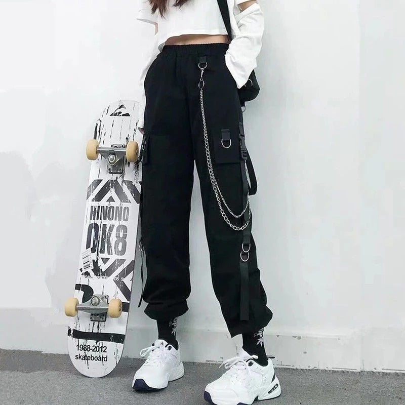 Women Cargo Pants Harem Jogger Fashion Punk With Chain