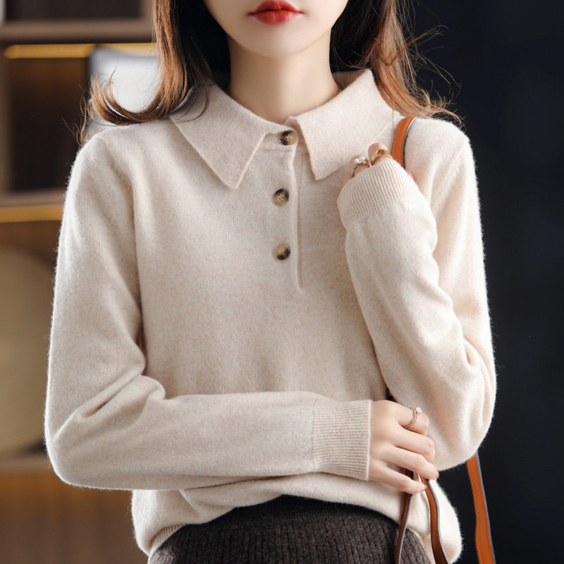 Cashmere Sweater Knitted Pullover Fall Winter Lapel Base Shirt Pure Wool Women Loose Top - xinnzy