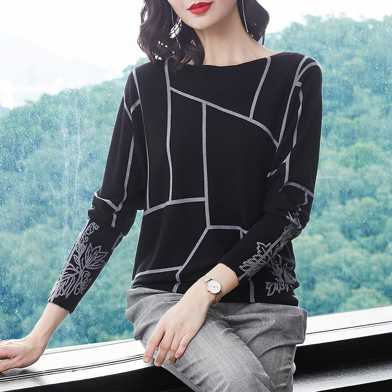 YISU Fashion Geometry Print Sweater Long Sleeve Jumpers Knitwear Autumn winter Pullovers - xinnzy