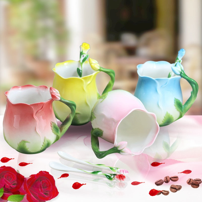 European Style Enamel Ceramic Coffee Mug Creative Rose Flower Shape Teacups