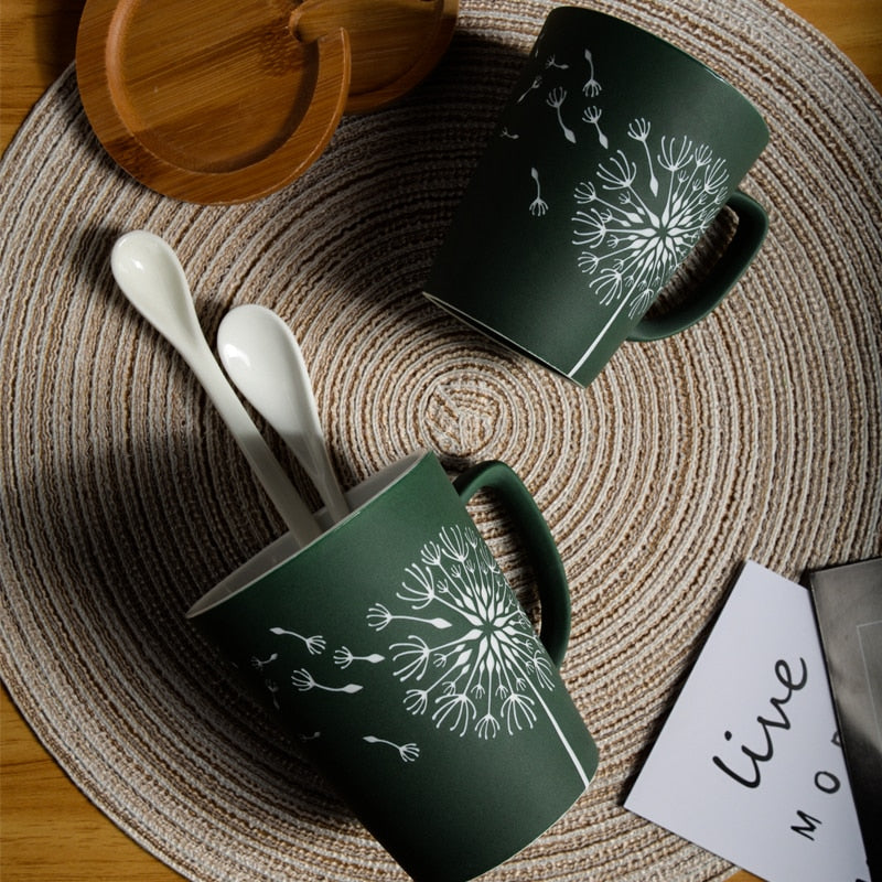 Leaf Pattern Ceramic Coffee Mug With Lid Spoon Large Capacity