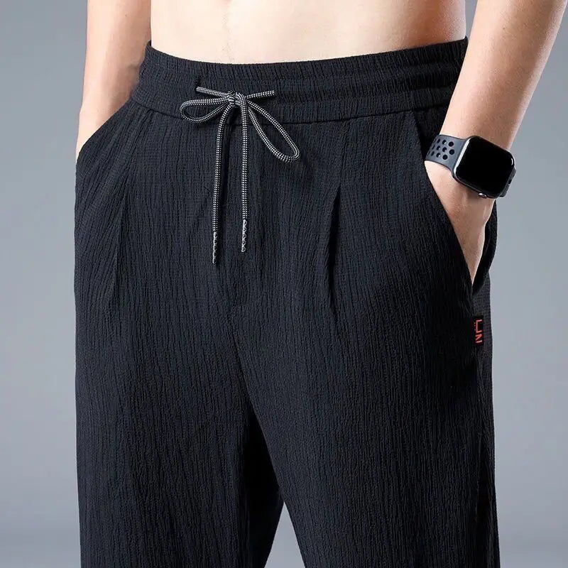 Men's Summer Ice Silk Jogger Linen Pants Casual Wide Leg Harem Trousers