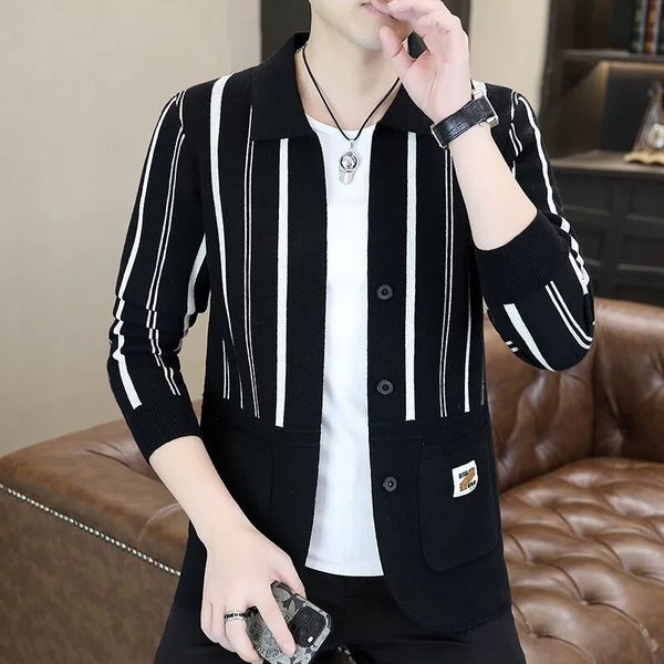 Mens Striped Knit Cardigan Brocade Sweater Cloak Cotton Outwear