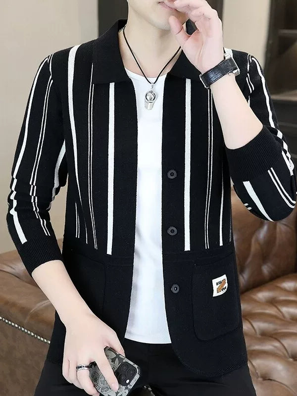 Mens Striped Knit Cardigan Brocade Sweater Cloak Cotton Outwear