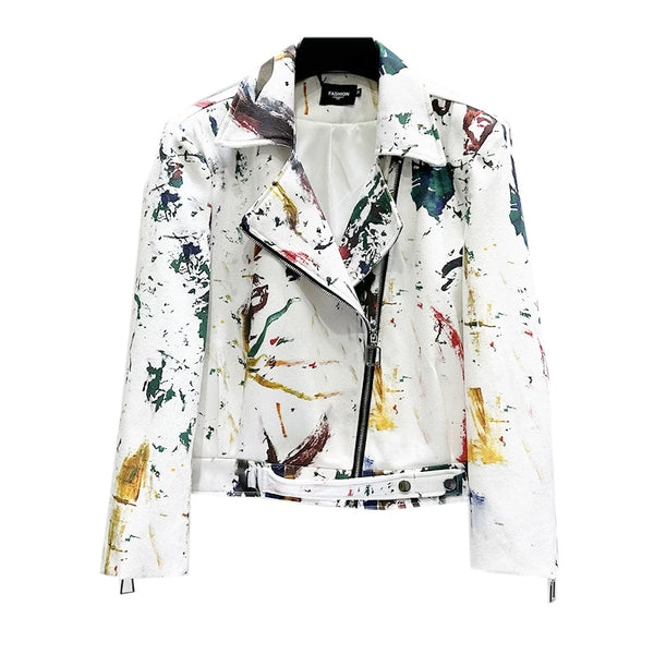 Graffiti Denim Jacket Men Motorcycle Style Lapel Short Coat