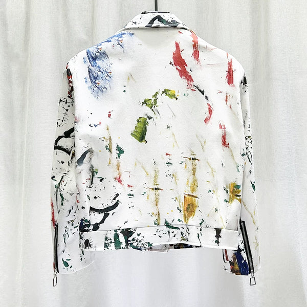 Graffiti Denim Jacket Men Motorcycle Style Lapel Short Coat