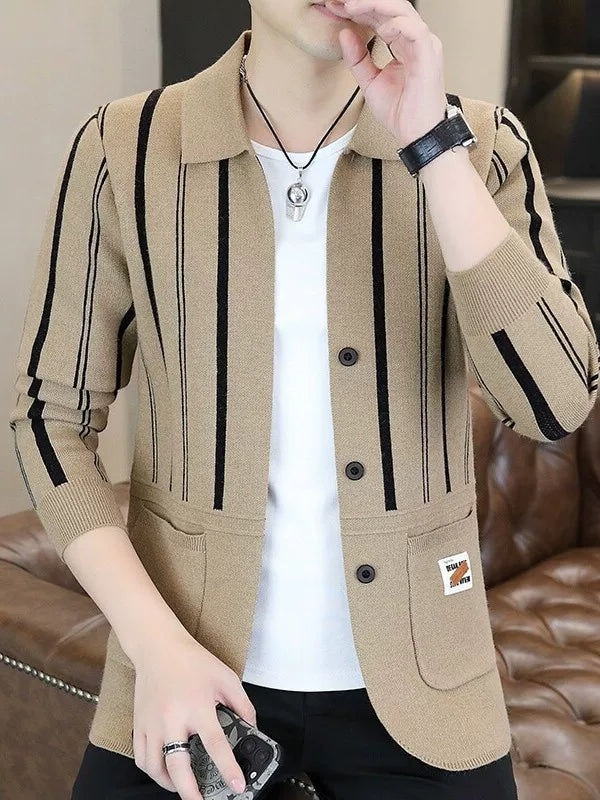 Mens Striped Knit Cardigan Brocade Sweater Cloak Cotton Outwear