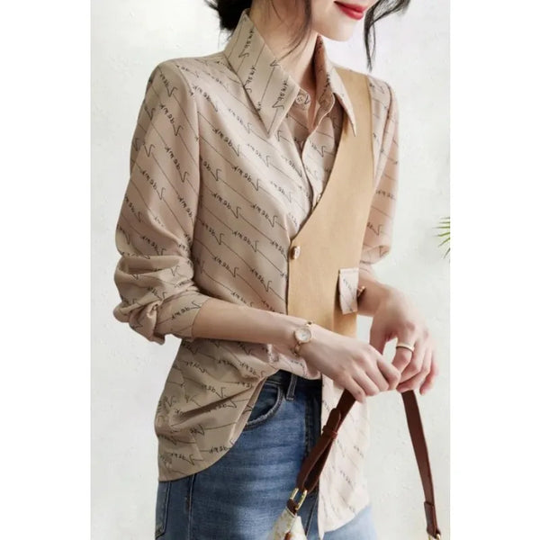 Womens Button Shirt Layered Look Letter Print Long Sleeve Blouse