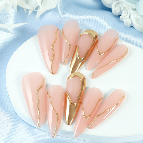 10pcs Gold Metallic 3D Press-On Almond Fake Nails