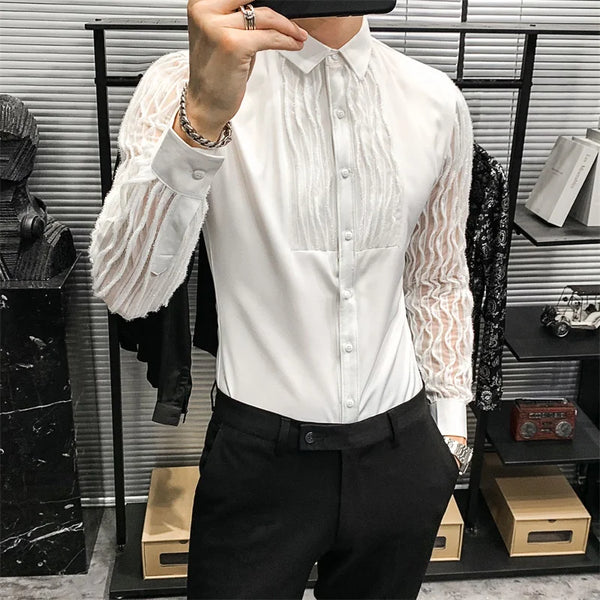 Mens Lace Hollow Shirt Long Sleeve Party Nightclub Stage Wear