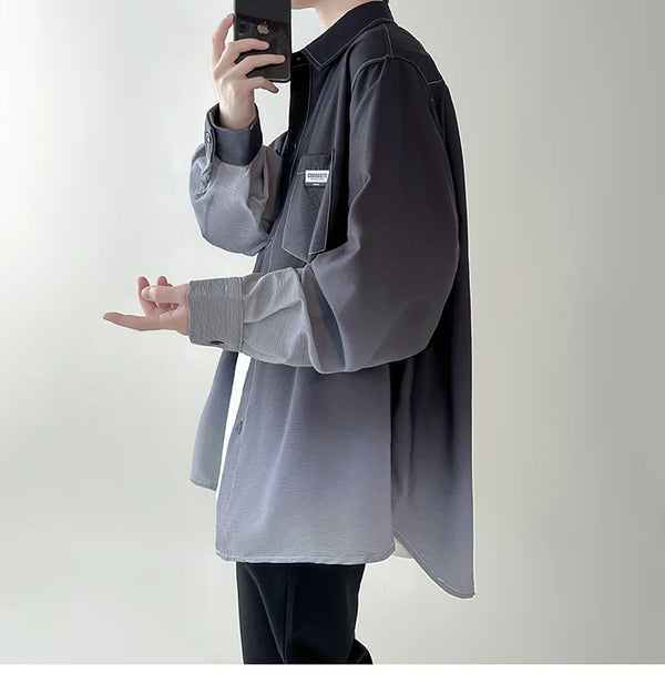 Men's shirt Gradient Plicated Long Sleeve Shirts Loose