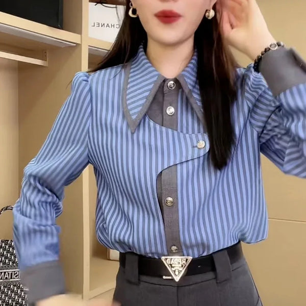Asymmetric Striped Blouse Women Retro Collar Button Long Sleeve