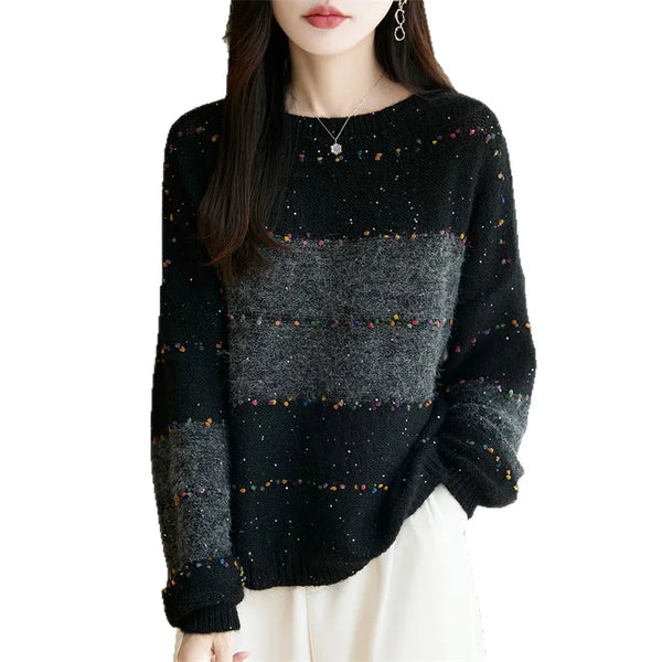 Plus Size Sequin Sweater Womens Color Block Stripe Knit Pullover