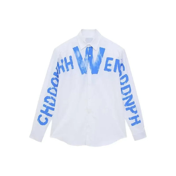 Mens Shoulder Pad Shirt Graffiti Letter Square Collar Long Sleeve