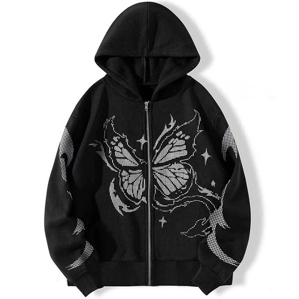 Y2K Gothic Butterfly Zip Hoodie Women Oversize Harajuku Streetwear