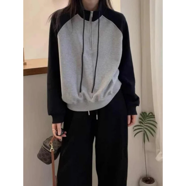 Womens Half Zip Crop Sweatshirt Raglan Sleeve Stand Collar Grey Top