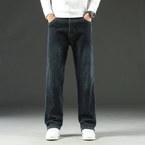 Mens Loose Straight Jeans Business Casual Winter Wide Leg Pants
