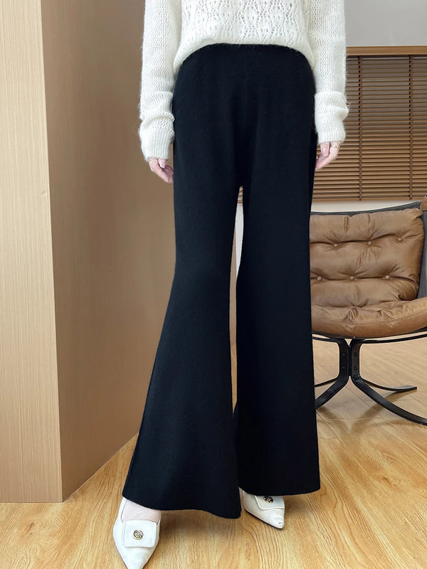Womens Merino Wool Pants Flared Knit Trousers Elastic Waist Office