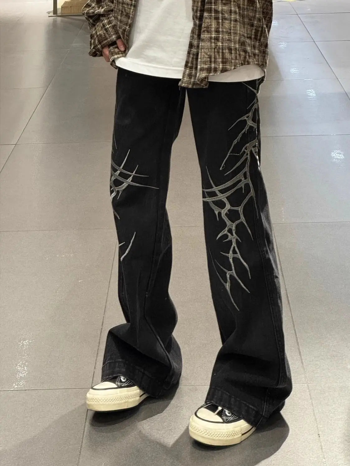 Dark Aesthetic Wide Leg Jeans Lightning Print Streetwear Denim