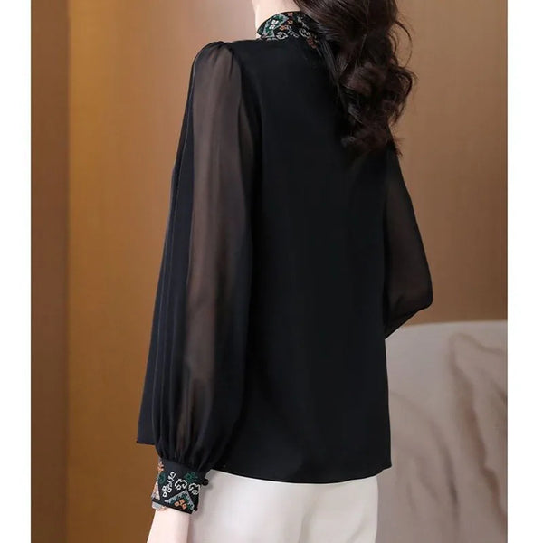 Embroidered Chiffon Blouse Stand Collar Elegant Spring Top