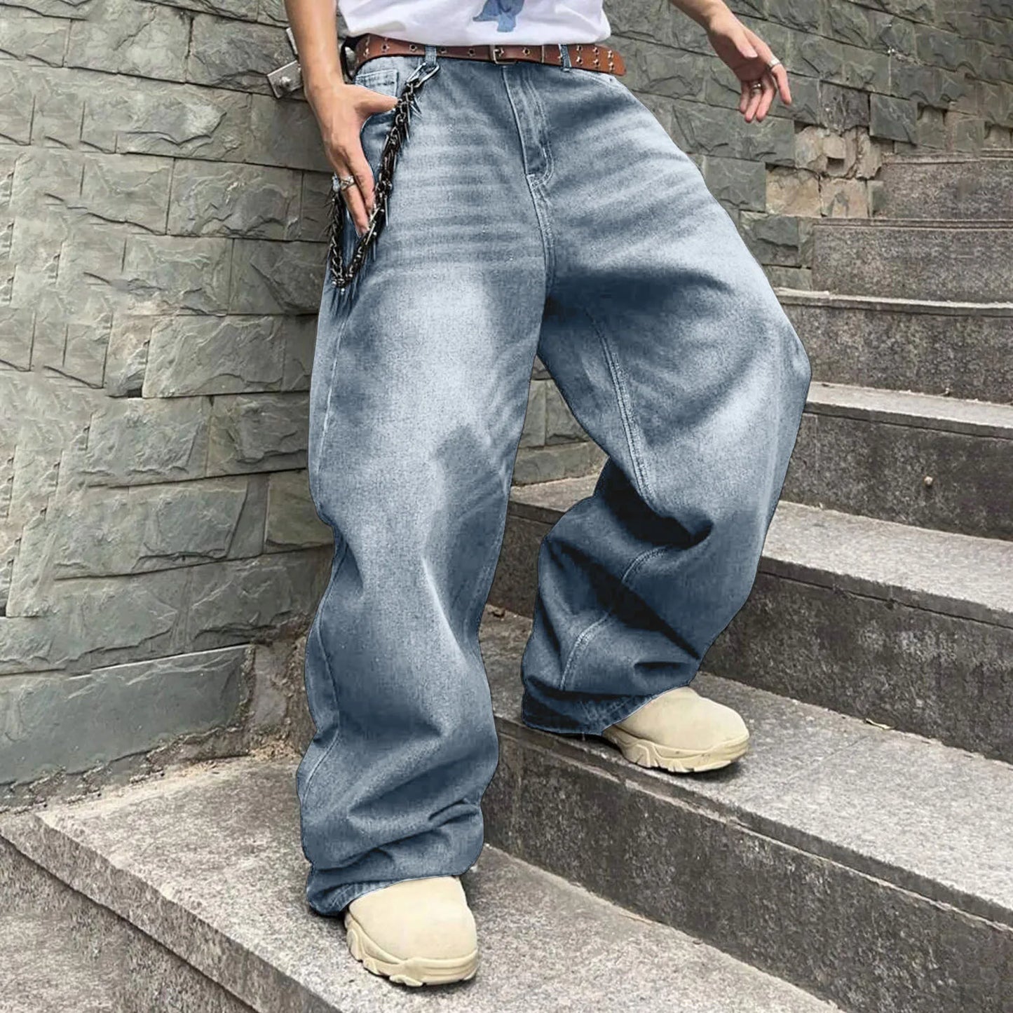 Mens Baggy Wide Leg Denim Pants High Waist Hip Hop Streetwear