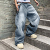 Men Baggy Denim Pants Wide Leg High Waist Belt Casual Trousers