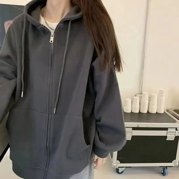 Oversized Zip Up Hoodie Women Warm Fleece Solid Fall Streetwear