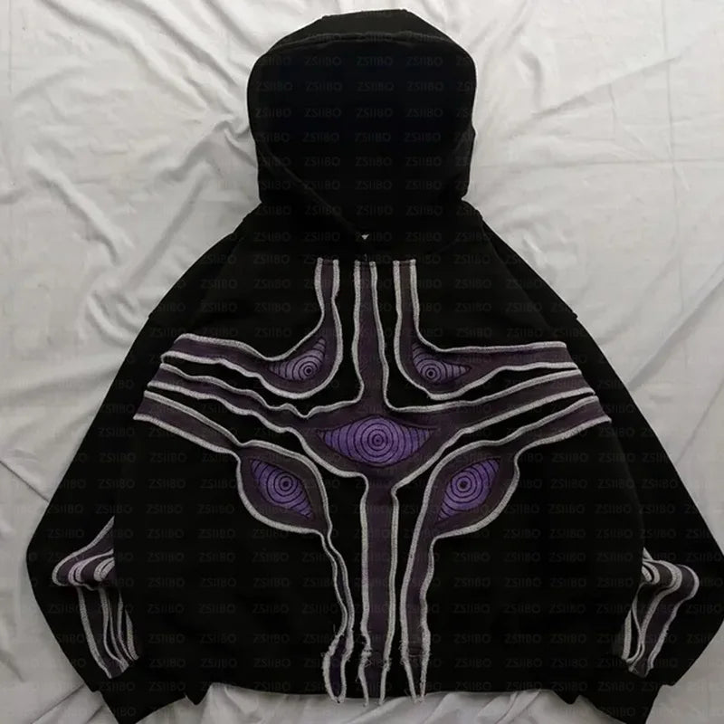 Hip Hop Retro Patch Embroidery Black Oversized Hoodie Men Gothic