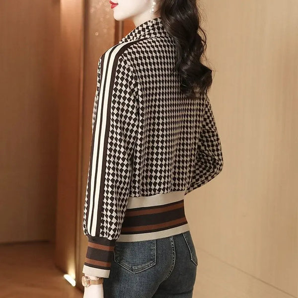 Plaid Patchwork Jacket Women Loose Fit Zipper Coat Spring Fall