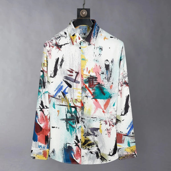 Silk Graffiti Shirt Men Long Sleeve Streetwear Nightclub Stage