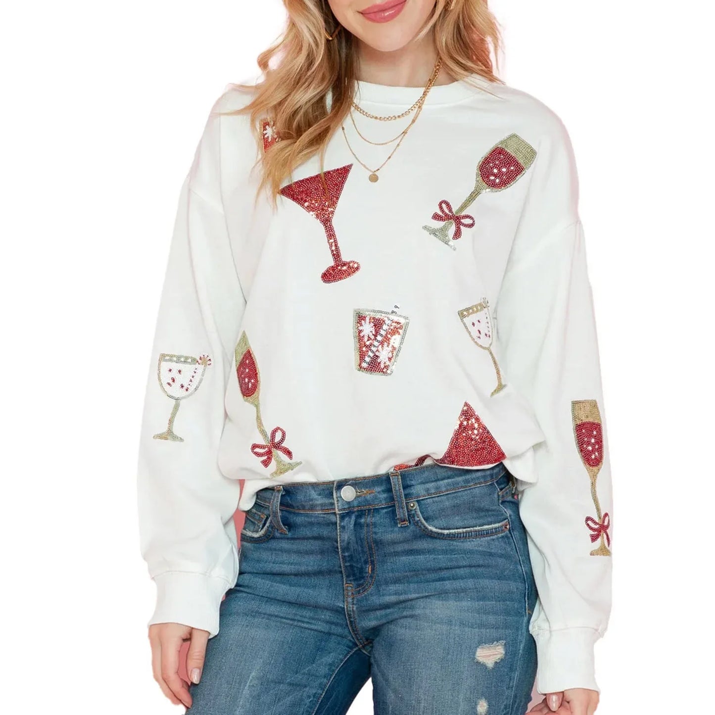 Women’s Glitter Wine Glass Print Oversized Sweatshirt Long Sleeve