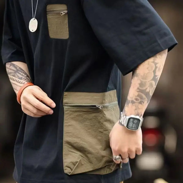 Urban Streetwear Men Colorblock Tshirt Contrast Zip Pocket