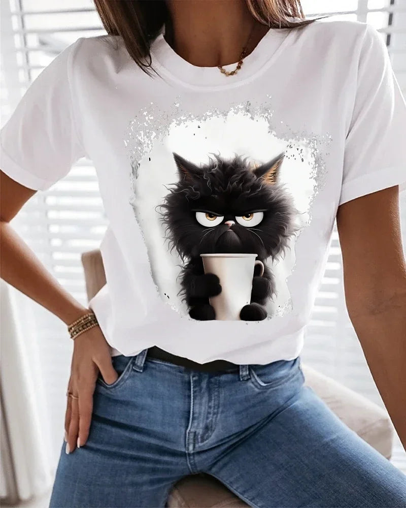 Funny Cat Print T-Shirt Women Summer Casual Short Sleeve Round Neck
