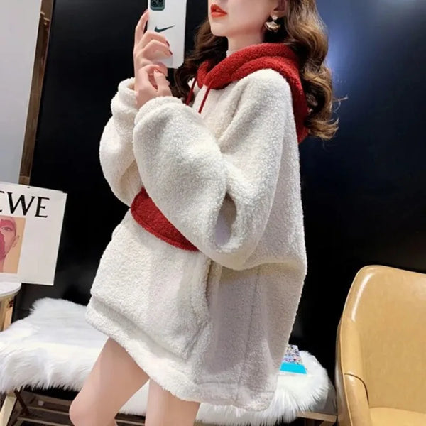 Womens Christmas Fleece Hoodie Big Pocket Patchwork Pullover Warm