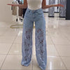Urban Crochet Denim Women Pants Elegan Hollow Out Zippers Pocket Button