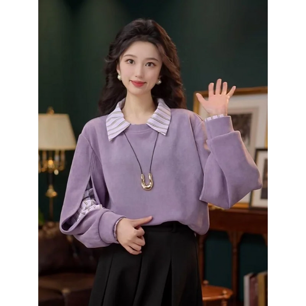 Womens Purple Sweatshirt Layered Look Oversized Y2K Retro Pullover