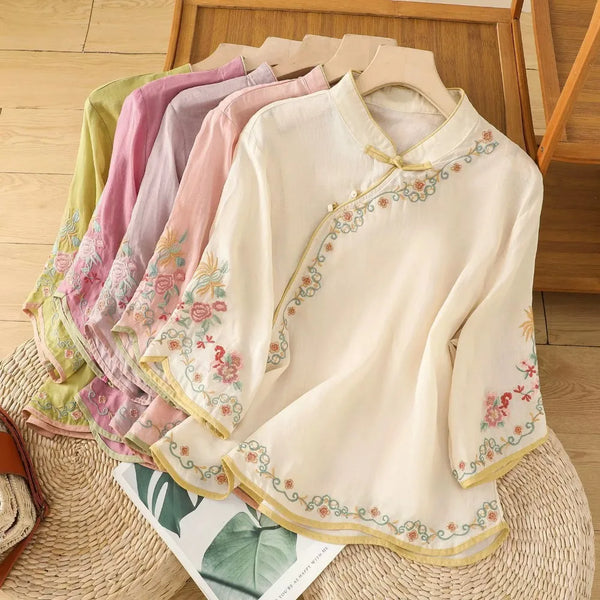 Womens Vintage Embroidered Top Cotton Linen Loose Summer Shirt