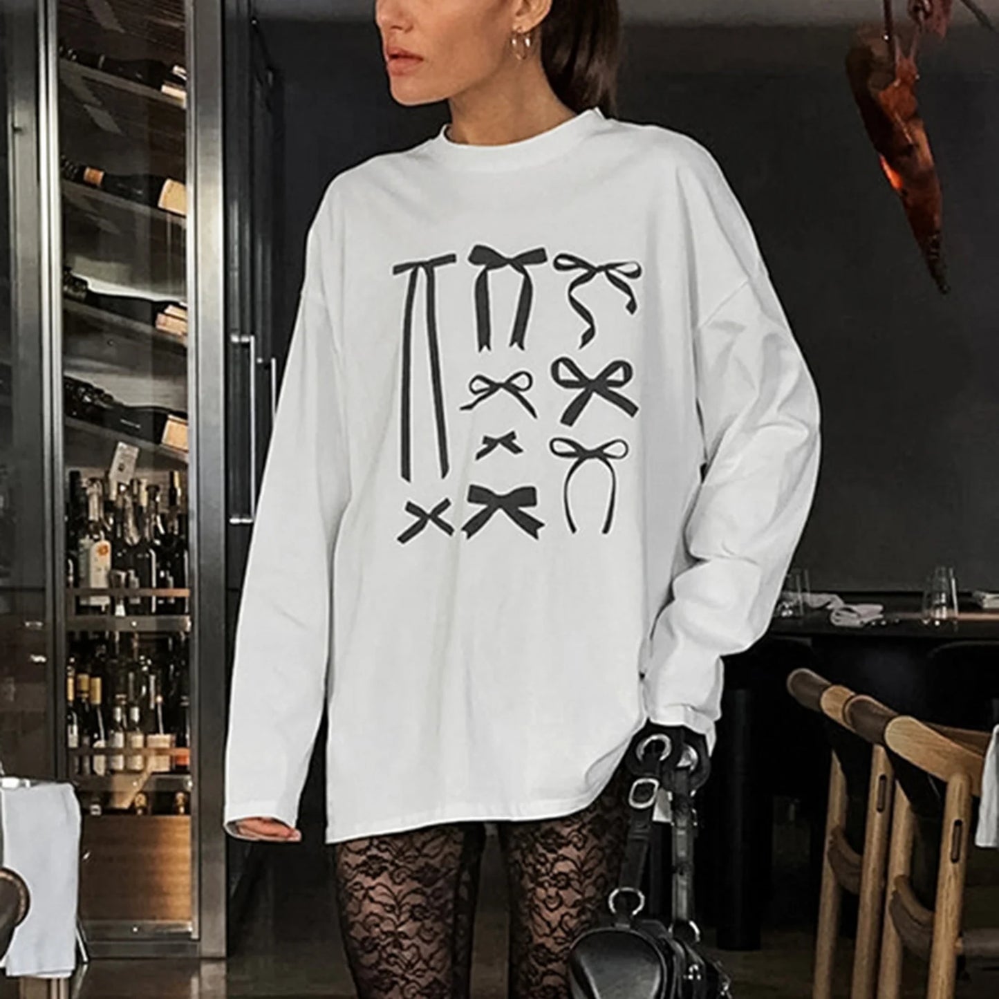 Women’s Loose Fit Bowknot Print Long Sleeve Casual T-Shirt