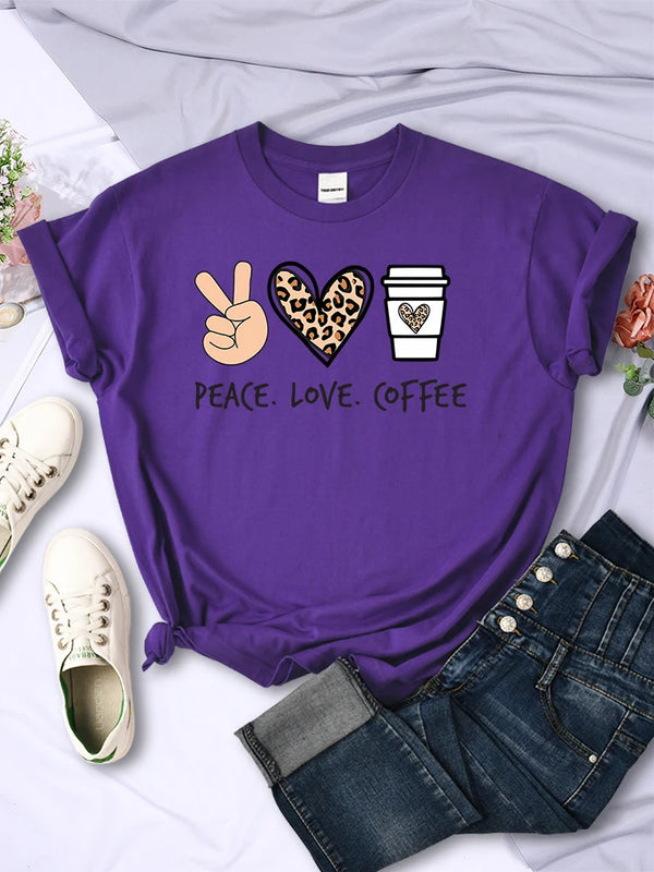 Womens Peace Love Coffee Graphic Tee Cotton O Neck Street Style Shirt