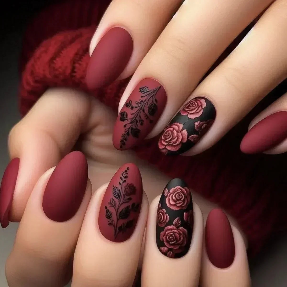 24Pcs Matte Rose Leaf Almond Press-On Nails