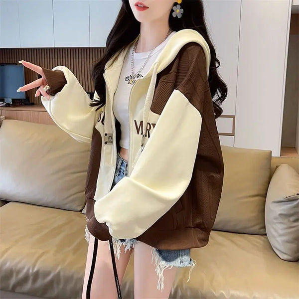 Womens Lightweight Hooded Baseball Jacket Loose Varsity Top