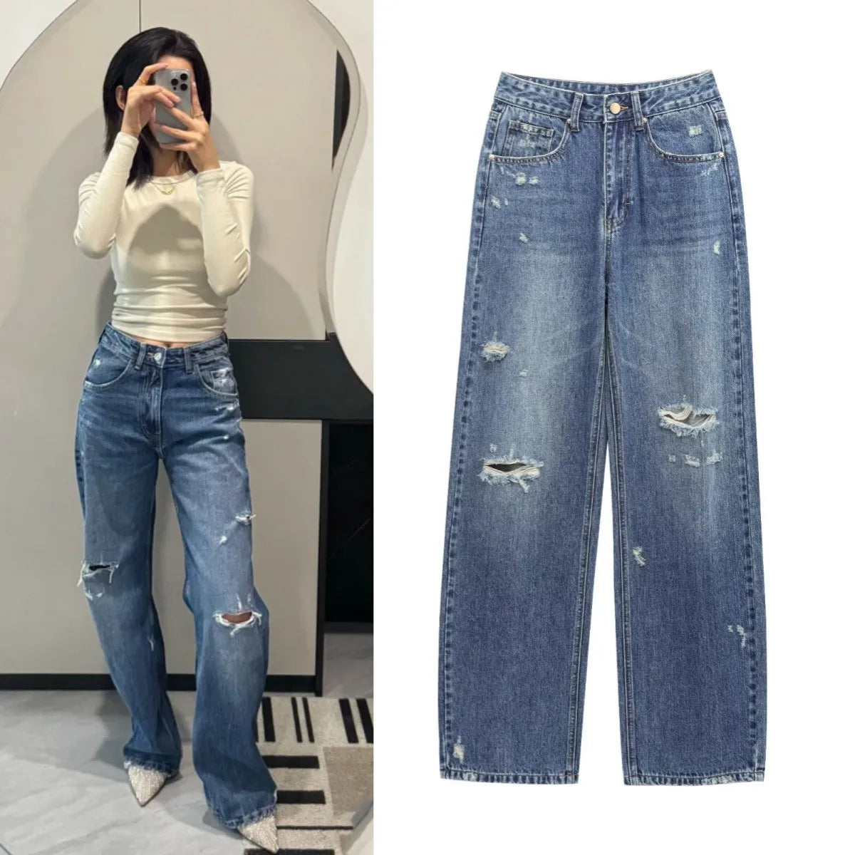 Women's High-Waisted Ripped Wide Leg Vintage Jeans
