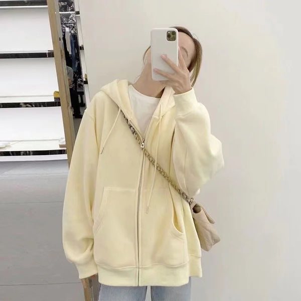 Oversized Zip Up Hoodie Women Warm Fleece Solid Fall Streetwear