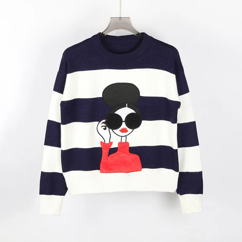 Women's Contrast Stripe Knit Sweater Long Sleeve Pullover Top