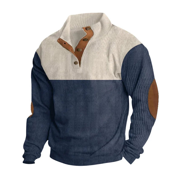 Men's Corduroy Sweatshirt - Stand Collar Color Block Button Up